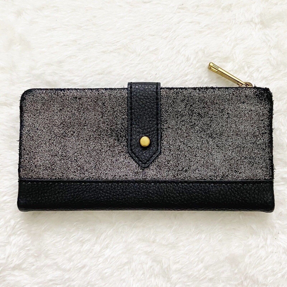 Fossil Clutch Wallet Glitter Black Cowhide Leather Sparkly Card Holder Zip Pouch